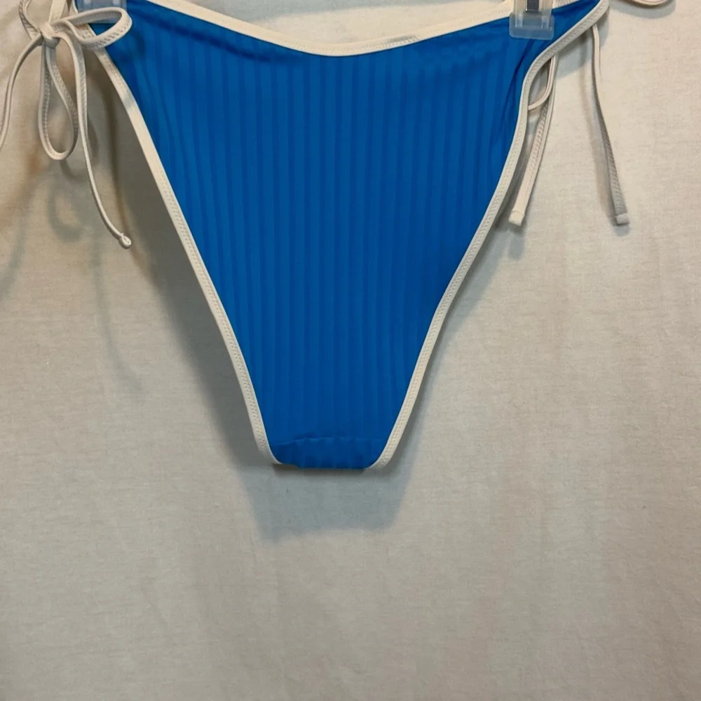 AA-505 Aerie NWT Cheekiest Side Tie Ribbed Blue & White‎ Swim Bikini Bottoms